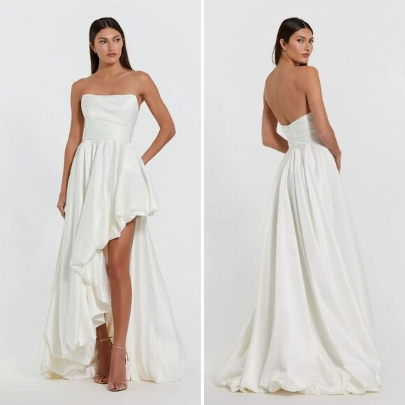 Mac Duggal 11685 Size 4 White Strapless Ruched Satin‎ High Low Gown Maxi Dress - Picture 3 of 5